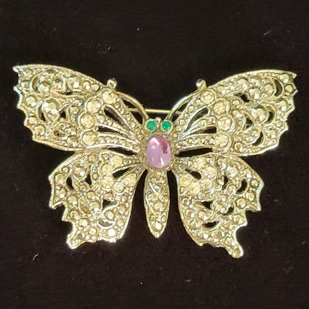 Vintage Butterfly Brooch Green Purple Rhinestone Faux Marcasite Cabochon Belly